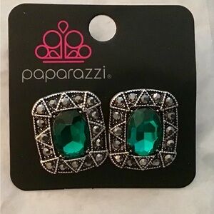 Paparazzi Silver Earrings with Emerald Green Accents